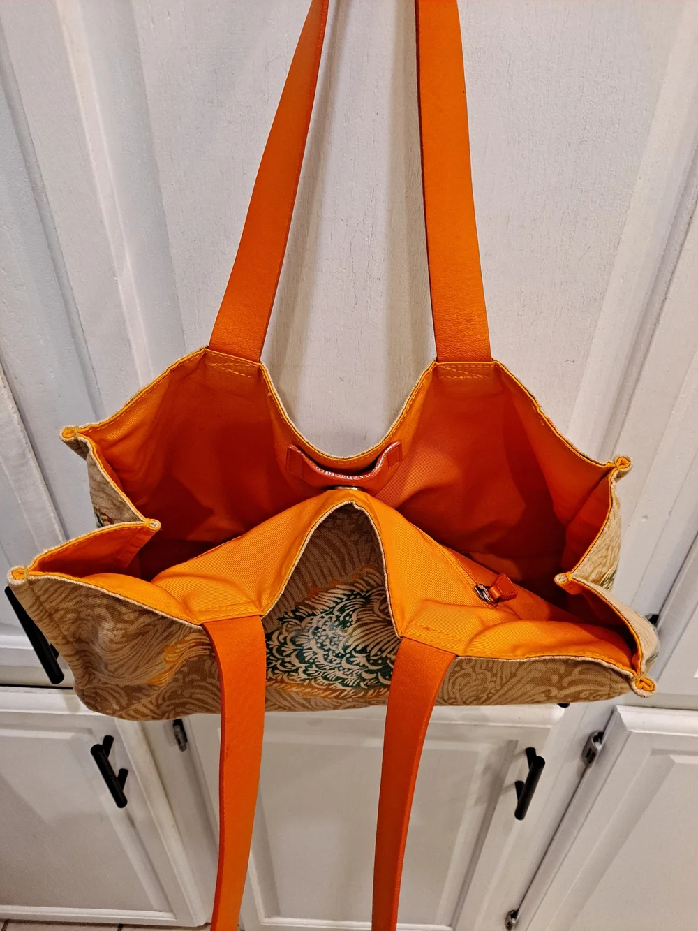 Jim Thompson Vintage 'Meena' Beige Orange Canvas Tote Iconic Barramundi Fish